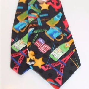 Nicole Miller Men Necktie Wine Beer USA Flag Party Eiffel Funky Design 100% Silk